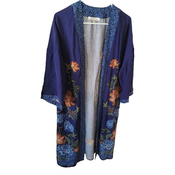 Black Rainn Small Lightweight Long Sleeve Duster Cover up Rayon Blue Floral - Picture 1 of 10
